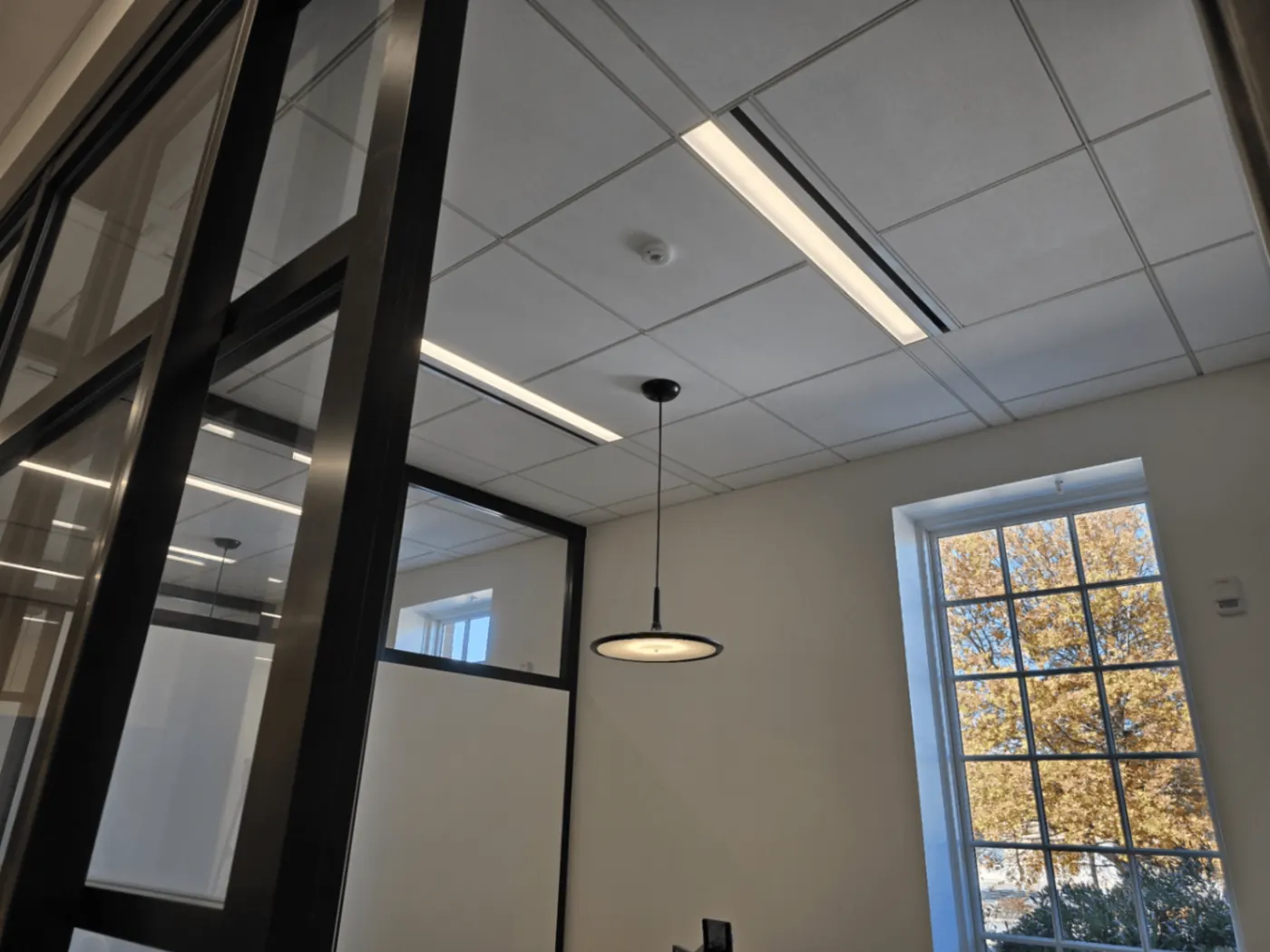 Modern Office Lighting & Glass Partition — Recessed LED troffer plus a designer disc pendant complete a black-framed glass partition office build-out.